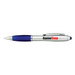 A silver stylus pen with a blue grip and a branding logo. A silver stylus pen with a blue grip and a branding logo.