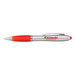A silver stylus pen with an orange grip and tip, featuring a logo on the body. A silver stylus pen with an orange grip and tip, featuring a logo on the body.