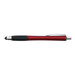 A red stylus pen with a black grip and a silver clip, featuring a logo. A red stylus pen with a black grip and a silver clip, featuring a logo.