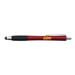 A stylus pen in red with a black grip, featuring a branded logo on the barrel. A stylus pen in red with a black grip, featuring a branded logo on the barrel.