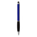 A blue stylus pen with a black rubber grip and a silver accent. Features a logo on the body. A blue stylus pen with a black rubber grip and a silver accent. Features a logo on the body.