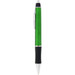 A plastic pen in bright green with a chrome clip and black grip. The pen features a branding logo. A plastic pen in bright green with a chrome clip and black grip. The pen features a branding logo.