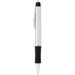 A silver plastic pen with a black grip, featuring a clip and a logo on the barrel. A silver plastic pen with a black grip, featuring a clip and a logo on the barrel.