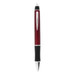 A plastic pen in red with a black grip and a silver clip, featuring a logo on its barrel. A plastic pen in red with a black grip and a silver clip, featuring a logo on its barrel.