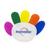 A hand-shaped highlighter with six vibrant colours: green, yellow, orange, red, blue, and purple. It features a logo. A hand-shaped highlighter with six vibrant colours: green, yellow, orange, red, blue, and purple. It features a logo.