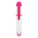 A highlighter in pink and white with a sleek design and a clip attachment. It features a logo on the body.