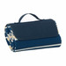A rolled-up polar fleece picnic rug in blue with a cream and navy striped pattern, featuring a durable carry handle.