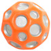 An orange high bounce ball with silver circular cutouts, featuring a textured surface and a logo. An orange high bounce ball with silver circular cutouts, featuring a textured surface and a logo.