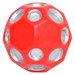A red and silver high bounce ball with multiple holes, designed for fun and games. It has a logo on the surface. A red and silver high bounce ball with multiple holes, designed for fun and games. It has a logo on the surface.