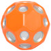 An orange high bounce ball with silver accents and multiple holes, featuring a logo on its surface. An orange high bounce ball with silver accents and multiple holes, featuring a logo on its surface.