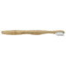A bamboo toothbrush with a wooden handle and white bristles, featuring a logo on the side. A bamboo toothbrush with a wooden handle and white bristles, featuring a logo on the side.