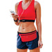 A red Lycra fitness belt worn by a woman in a red sports top and shorts, holding a smartphone. A red Lycra fitness belt worn by a woman in a red sports top and shorts, holding a smartphone.