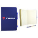 A navy blue recycled notebook with lined pages, accompanied by a blue pen, features a logo on the cover. A navy blue recycled notebook with lined pages, accompanied by a blue pen, features a logo on the cover.