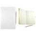 A white recycled notebook with lined pages, accompanied by a pen. The notebook has a branding logo. A white recycled notebook with lined pages, accompanied by a pen. The notebook has a branding logo.
