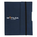 A navy blue Small Tuck Journal Book with an elastic closure and a logo on the cover. A navy blue Small Tuck Journal Book with an elastic closure and a logo on the cover.