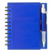 A blue notepad with lined pages and a matching pen attached, featuring a spiral binding and a sleek design. A blue notepad with lined pages and a matching pen attached, featuring a spiral binding and a sleek design.