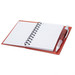 A red notepad with lined pages and a matching pen, featuring a spiral binding and a sleek cover. A red notepad with lined pages and a matching pen, featuring a spiral binding and a sleek cover.