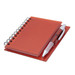 A red notepad with a spiral binding and a matching pen, laid flat against a white background. A red notepad with a spiral binding and a matching pen, laid flat against a white background.
