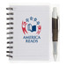 A notepad with a clear cover, spiral binding, and a pen, featuring a logo and white lined pages. A notepad with a clear cover, spiral binding, and a pen, featuring a logo and white lined pages.
