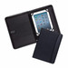A black A4 compendium with an iPad holder, featuring a smooth exterior and interior pockets. A black A4 compendium with an iPad holder, featuring a smooth exterior and interior pockets.