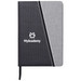 A stylish notebook featuring a black and grey design, with a logo on the front and an elastic band closure. A stylish notebook featuring a black and grey design, with a logo on the front and an elastic band closure.