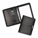 A black leather zippered compendium with a calculator, card slots, and a notepad. Features a front cover with a logo. A black leather zippered compendium with a calculator, card slots, and a notepad. Features a front cover with a logo.