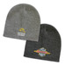 A grey knit beanie and a charcoal knit beanie, both with logos embroidered on the front. A grey knit beanie and a charcoal knit beanie, both with logos embroidered on the front.