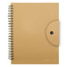 A tan spiral-bound notebook with a circular fastener on the front cover and a textured finish. A tan spiral-bound notebook with a circular fastener on the front cover and a textured finish.