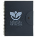 A navy spiral-bound notebook with a flap closure and a branding logo on the front cover. A navy spiral-bound notebook with a flap closure and a branding logo on the front cover.