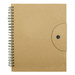 A kraft-coloured spiral-bound notebook with a circular button closure and a textured cover. A kraft-coloured spiral-bound notebook with a circular button closure and a textured cover.