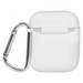 A white earbud case with a silver carabiner attached. The case is smooth and round-edged. A white earbud case with a silver carabiner attached. The case is smooth and round-edged.