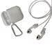 A pair of white earbuds alongside a white charging case with a silver carabiner. A pair of white earbuds alongside a white charging case with a silver carabiner.