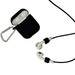 A set of white earbuds with a black carrying case and a metal clip for attachment. The earbuds are wired. A set of white earbuds with a black carrying case and a metal clip for attachment. The earbuds are wired.