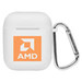 A white charging case for earbuds with an orange logo and a silver carabiner attached. A white charging case for earbuds with an orange logo and a silver carabiner attached.