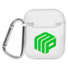 A white earbud case with a green logo and an attached silver carabiner. A white earbud case with a green logo and an attached silver carabiner.