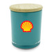 A medium teal candle in a glass container with a bamboo lid and a logo on the front. A medium teal candle in a glass container with a bamboo lid and a logo on the front.