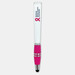 A stylus pen featuring a white barrel and a pink grip, adorned with a logo. A stylus pen featuring a white barrel and a pink grip, adorned with a logo.