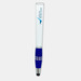 A stylus pen with a white body and blue rubber grip, featuring a branding logo near the top. A stylus pen with a white body and blue rubber grip, featuring a branding logo near the top.