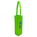 A green non-woven single wine tote bag with long handles and a logo. A green non-woven single wine tote bag with long handles and a logo.