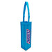 A blue non-woven single wine tote bag with a long handle and a logo. A blue non-woven single wine tote bag with a long handle and a logo.