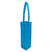 A bright blue non-woven single wine tote bag with a long handle and a logo. A bright blue non-woven single wine tote bag with a long handle and a logo.