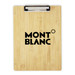 A bamboo clipboard with a metal clip, featuring a black logo prominently on the surface. A bamboo clipboard with a metal clip, featuring a black logo prominently on the surface.
