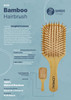 A bamboo hairbrush featuring a lightweight design, natural colour, and bristles for gentle styling. Includes a logo.