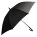 A black umbrella with a curved handle and a solid canopy, featuring a logo on the fabric. A black umbrella with a curved handle and a solid canopy, featuring a logo on the fabric.