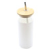 A drink bottle with a white body, bamboo lid, and metal straw, featuring a logo.