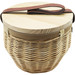 A round cooler basket in natural wood tones with a brown strap, featuring a woven design and a wooden lid.