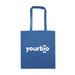 A blue tote bag with two handles and a logo printed on the front. A blue tote bag with two handles and a logo printed on the front.
