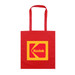 A red tote bag featuring a large yellow square with a logo, including a prominent 'K' design. A red tote bag featuring a large yellow square with a logo, including a prominent 'K' design.