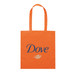An orange tote bag featuring a logo and the word "Dove" in blue lettering. It has two handles for carrying. An orange tote bag featuring a logo and the word "Dove" in blue lettering. It has two handles for carrying.