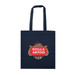 A navy blue tote bag with a decorative logo on the front and two sturdy handles. A navy blue tote bag with a decorative logo on the front and two sturdy handles.